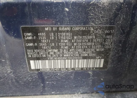 2017 Subaru Outback 2.5I Limited z USA, uszkodzony, nr VIN 4S4BSANC1H3394545